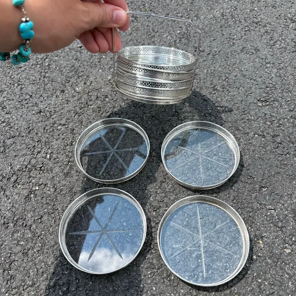 Art Deco Sterling Silver and Cut Glass Coaster Set (8)
